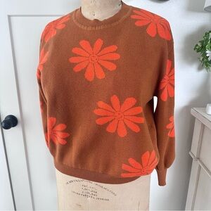 Super Massive Retro 70's Look Orange & brown Flower Power Crew Neck Sweater